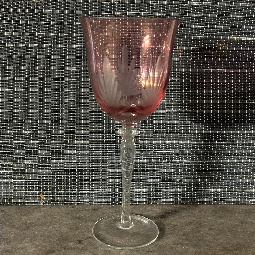 Vintage Ruby-Tint Etched Wine Goblet